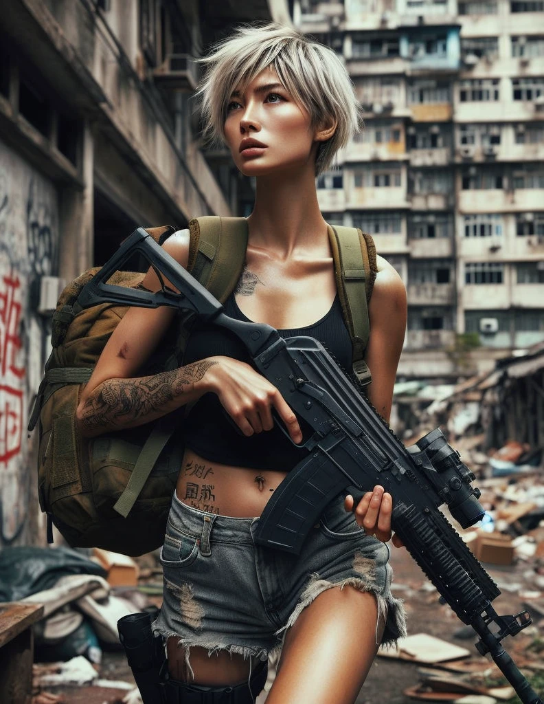 Photorealsitic、realistic skin textures、automatic rifle、wounds