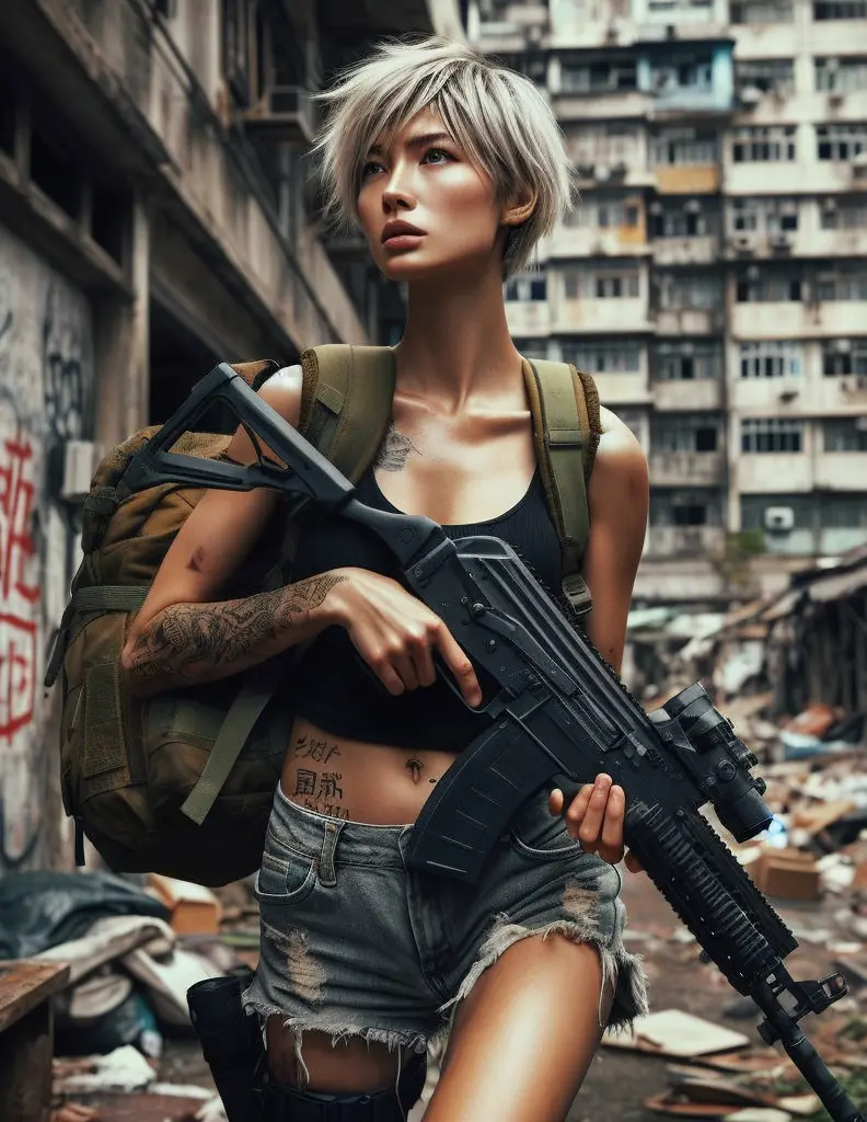 photorealsitic、realistic skin textures、automatic rifle、wounds