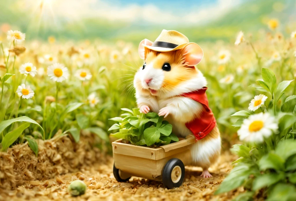 (働くhamstermer),農作業をするhamster,Background of the field,Farm Management Gadget,a straw fedora hat,Growing vegetables,crops are piled up,agriculture,fieldwork,​masterpiece,top-quality,,Chibi,cute little,,A delightful,tre anatomically correct,The cutest hamster,,hamster,,Fantasia,randolph caldecott style,illustratio,watercolor paiting