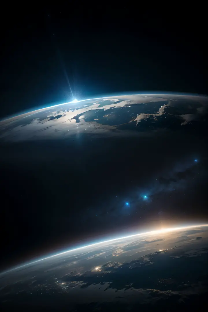 cosmic space，skylines，Earth's surface，Blue Planet，shine like starlight，Contour light，large scene，OC Render，computer graphics image processing，35 focal length，cold shades