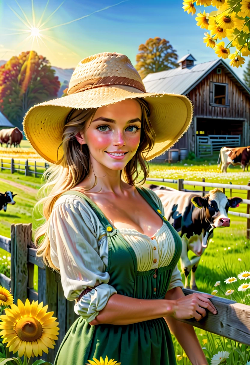 (((Farm life)))，bright flowers，Daisieields in full bloom，((1 beautiful girl in a straw hat milking cowarm house，fences，dairy cattle，celeiro，blue open sky，Country farm cabin，tranquil ambiance，fall season，cute big breasts