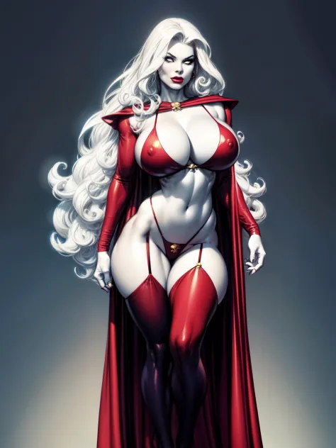 Lady_death_bikini_ facing front,power stance, mascara, blank_eyes,long hair,breasts,white hair,makeup,navel,lipstick,large breasts,wavy hair,white skin,lips,curly hair,red lips,very long hair,toned, cape, narrow_waist, curvy,pale skin, thick_eyelashes, thi...