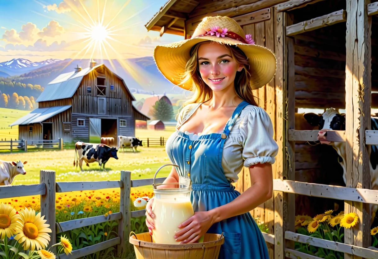 (((Farm life)))，bright flowers，Daisieields in full bloom，((1 beautiful girl in a straw hat milking cowarm house，fences，dairy cattle，celeiro，blue open sky，Country farm cabin，tranquil ambiance，fall season，cute big breasts