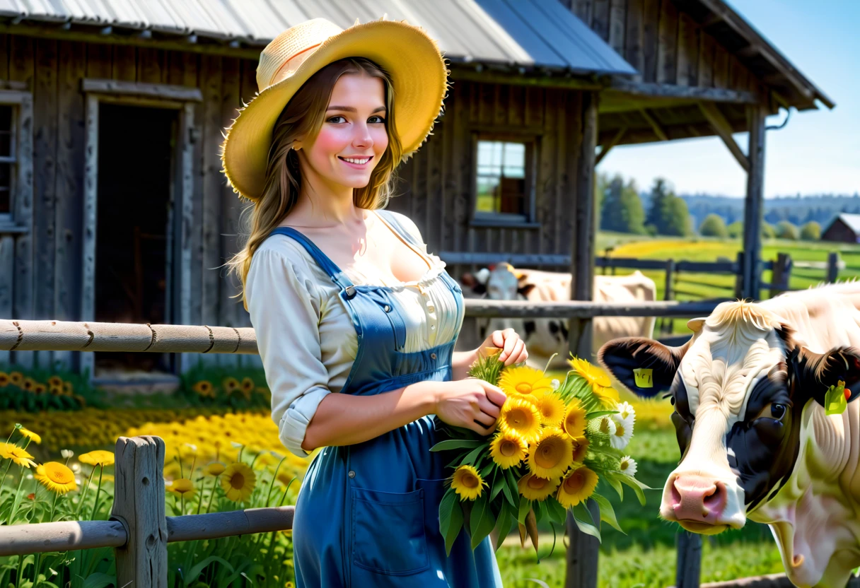 (((Farm life)))，bright flowers，Daisieields in full bloom，((1 beautiful girl in a straw hat milking cowarm house，fences，dairy cattle，celeiro，blue open sky，Country farm cabin，tranquil ambiance，fall season，cute big breasts