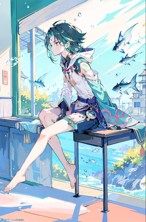 (tmasterpiece), Best quality at best, linear art, 1   boy, solo, Dark green hair, longer sleeves, sitted, The barefoot, Indoors,...