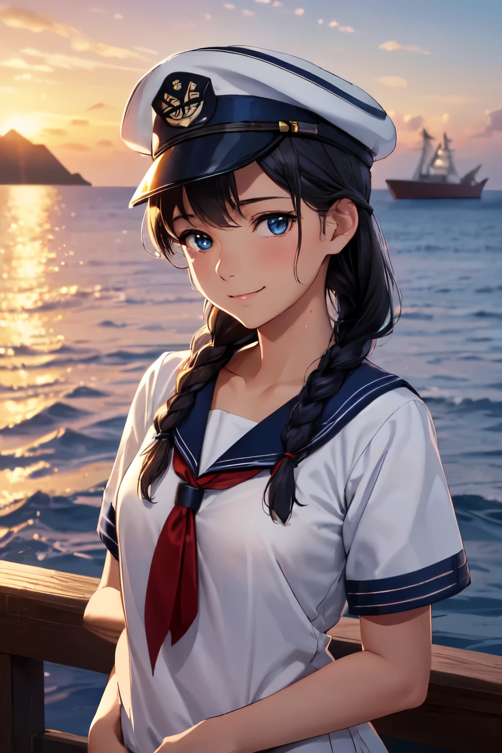 (alta qualidade, Alta resolução, detalhes finos), realista, (marinha), Navios à vela, proa, pôr do sol, água com gás, nuvens brancas, Sozinho, Mulher magra, marinha sailor hat, marinha blue sailor uniform, cabelo trançado, olhos brilhantes, (olhos detalhados), sorriso, Suor, pele oleosa, Peito menor