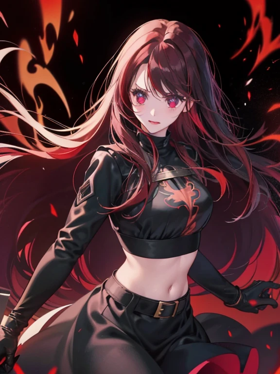 An anime girl with long white hair and black and red highlights in her hair,red eyes,rosy cheeks,red lips. She is serious with a frown,she has pale skin. Her dress is a fancy formal crop top with jewelry on it,and black flame raising from it.and a purple  short with a black belt. She is wearing a black boot,and black leather short gloves. There is an electricity hallow around her,as if she is controlling it.