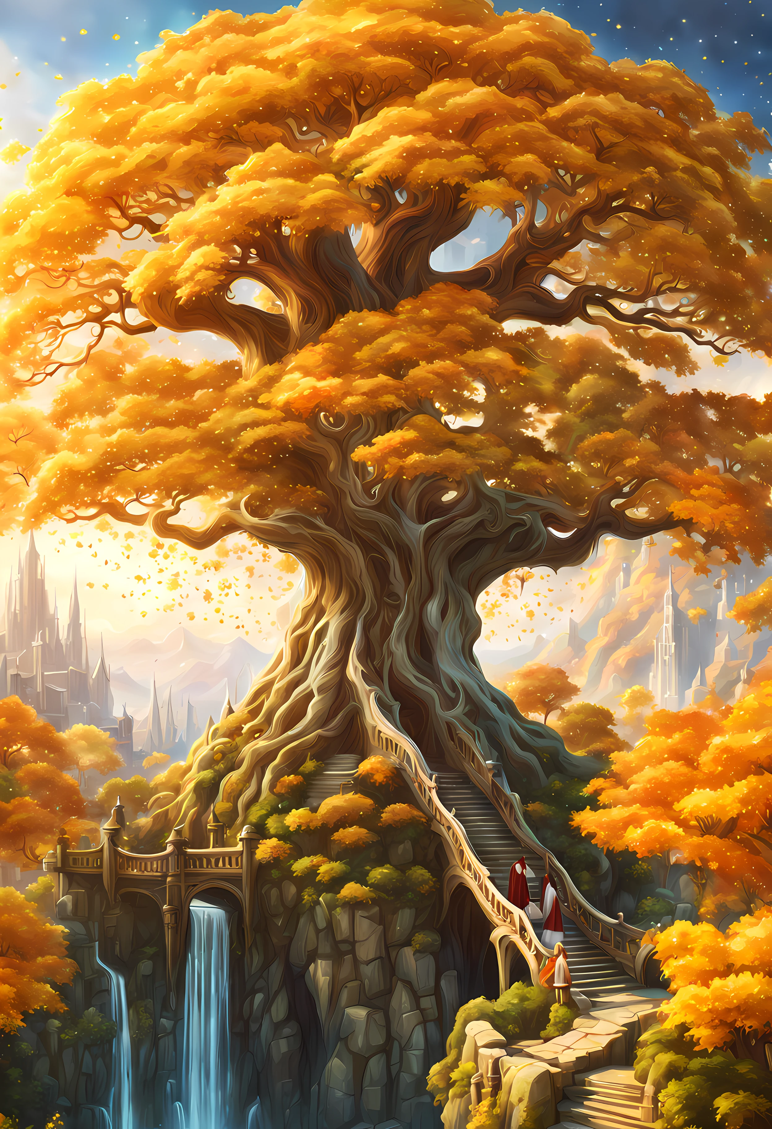 Unparalleled masterpiece, 16k, ultra detailed, approaching perfection, (cartoon style:1.3) | A colossal magical (elven world tree) amidst an ancient elven city. | The world tree stands (tall), with branches reaching towards the sky and glowing ((golden leaves that emit a soft ethereal light)). | The distant view capturing the grandeur of the world tree against the backdrop of the magnificent elven city. | The city is filled with intricate elven architecture showcasing rich history and enchanting beauty of the (elegant) civilization. | (Autumn nature with tall trees) | The scene takes place during (breathtaking night) with (shimmering stars) adding a touch of (mysticism and wonder) | More Detail