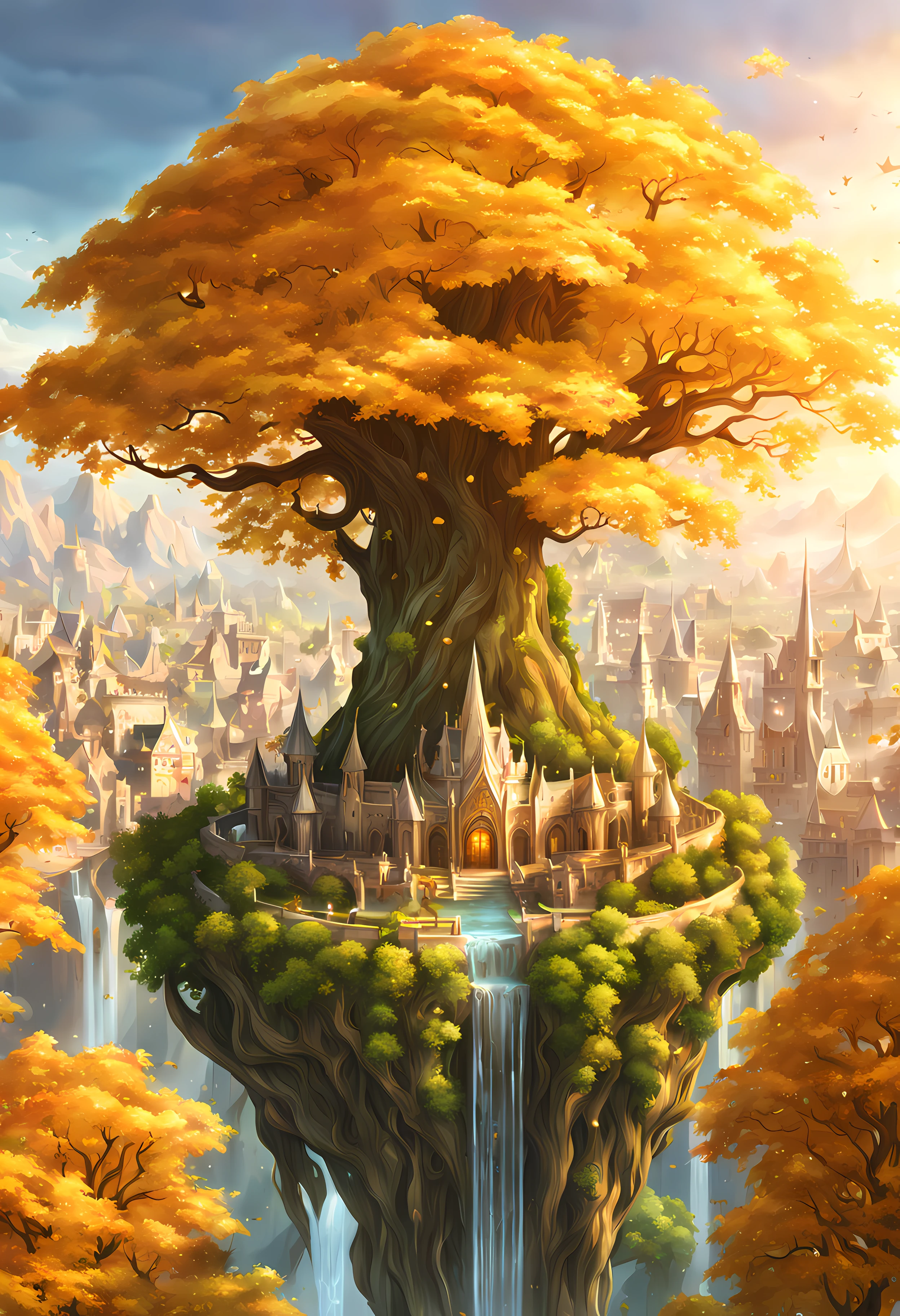 Unparalleled masterpiece, 16k, ultra detailed, approaching perfection, (cartoon style:1.3) | A colossal magical (elven world tree) amidst an ancient elven city. | The world tree stands (tall), with branches reaching towards the sky and glowing ((golden leaves that emit a soft ethereal light)). | The distant view capturing the grandeur of the world tree against the backdrop of the magnificent elven city. | The city is filled with intricate elven architecture showcasing rich history and enchanting beauty of the (elegant) civilization. | The scene takes place during (breathtaking sunny day) adding a touch of (mysticism and wonder) | More Detail