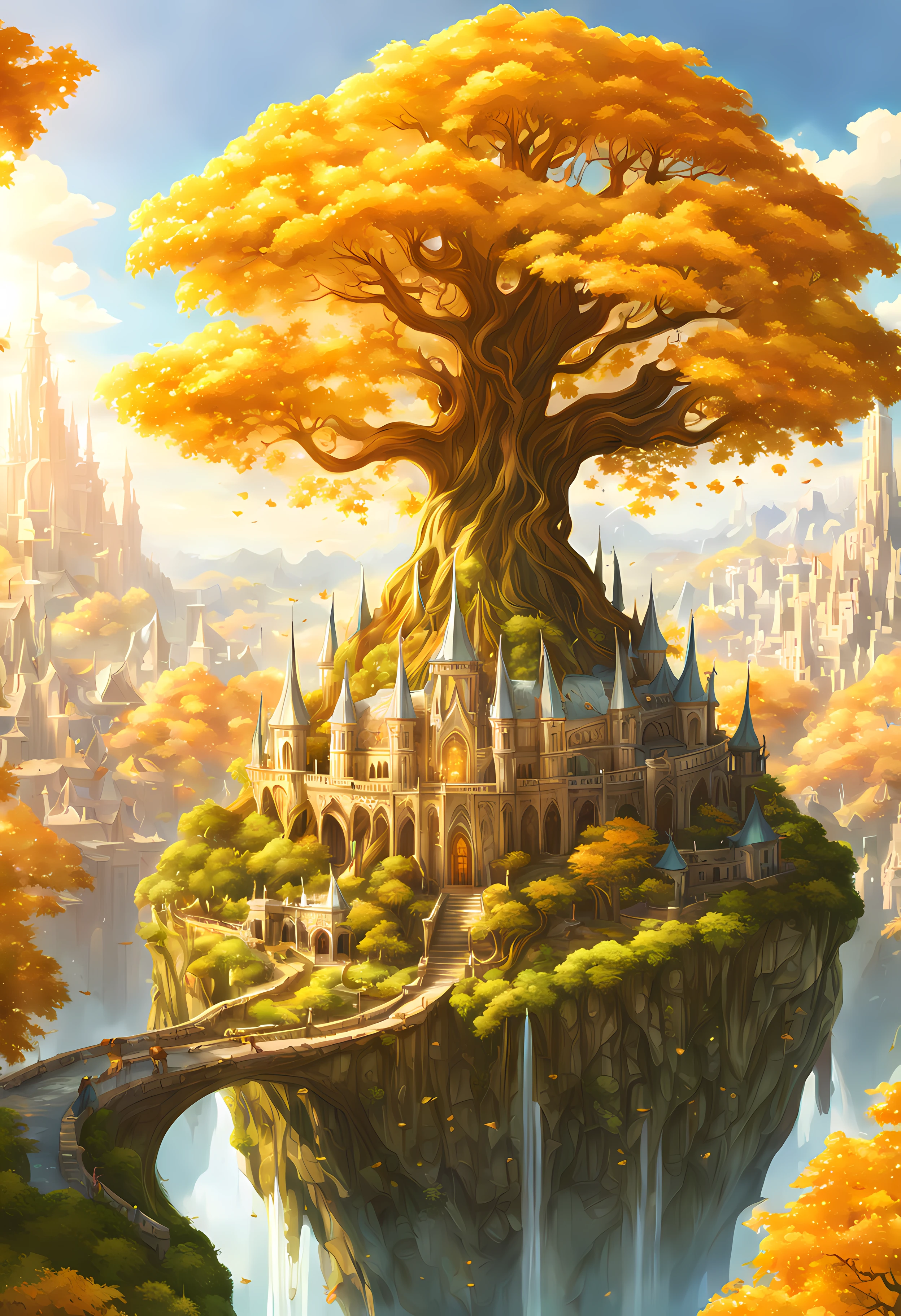 Unparalleled masterpiece, 16k, ultra detailed, approaching perfection, (cartoon style:1.3) | A colossal magical (elven world tree) amidst an ancient elven city. | The world tree stands (tall), with branches reaching towards the sky and glowing ((golden leaves that emit a soft ethereal light)). | The distant view capturing the grandeur of the world tree against the backdrop of the magnificent elven city. | The city is filled with intricate elven architecture showcasing rich history and enchanting beauty of the (elegant) civilization. | The scene takes place during (breathtaking sunny day) adding a touch of (mysticism and wonder) | More Detail