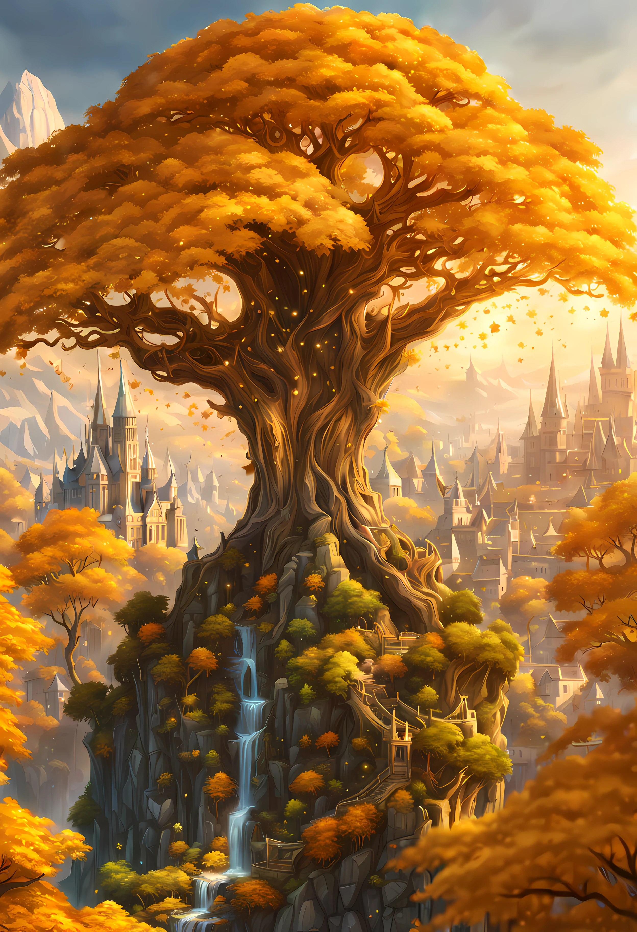 Unparalleled masterpiece, 16k, ultra detailed, approaching perfection, (cartoon style:1.3) | A colossal magical (elven world tree) amidst an ancient elven city. | The world tree stands (tall), with branches reaching towards the sky and glowing ((golden leaves that emit a soft ethereal light)). | The distant view capturing the grandeur of the world tree against the backdrop of the magnificent elven city. | The city is filled with intricate elven architecture showcasing rich history and enchanting beauty of the (elegant) civilization. | The scene takes place during breathtaking night with (shimmering stars) adding a touch of (mysticism and wonder) | More Detail