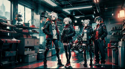 cyberpunked、girl with、mechanic、comical、anime style、white  hair、motor bikes、rider jacket、punk coloring、sity、ナイトsity、group