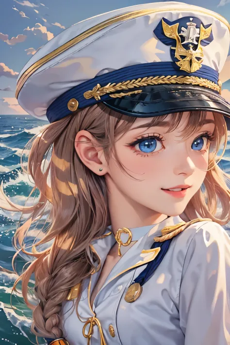 (High quality, High resolution, Fine details), Realistic, (navy), Sail ships, prow, Sunset, Sparkling water, white clouds, Solo, Slim woman, navy sailor hat, navy blue sailor uniform, Braided hair, Sparkling eyes, (Detailed eyes), Smile, Sweat, Oily skin, ...
