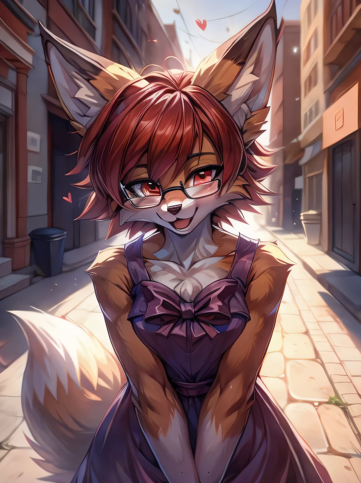 fox furry girl with short red hair, fluffy hair shy, beautiful red eyes, wearing glasses,  very  fluffy tail, small chest, bow in hair, 17 years old, happy , happy mouth, young body, Good girl, wearing a dress, in the streets, being adorable, blushing, hands on her dress, closed eyes, leaning in for a kiss, tilted head, wanting to be loved,