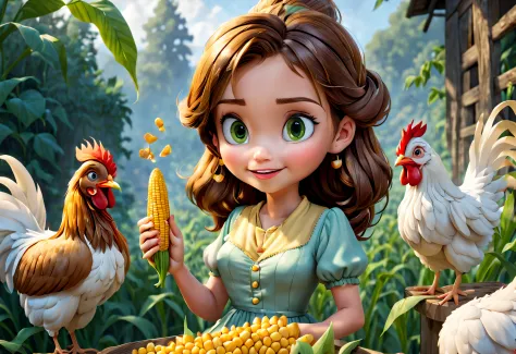 (best, highest quality), (Pixar style cartoon) (a beautiful girl feeding corn to the chickens: 1.3),