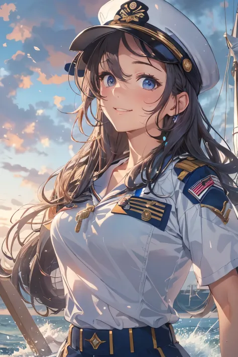 (High quality, High resolution, Fine details), Realistic, (navy), Sail ships, prow, Sunset, Sparkling water, white clouds, Solo, Slim woman, navy sailor hat, navy blue sailor uniform, Braided hair, Sparkling eyes, (Detailed eyes), Smile, Sweat, Oily skin, ...