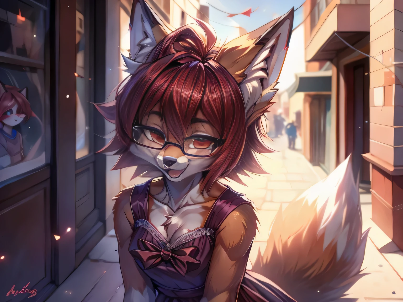 1 person, fox furry girl with short red hair, fluffy hair shy, beautiful red eyes, wearing glasses,  very  fluffy tail, small chest, bow in hair, 17 years old, happy , happy mouth, young body, Good girl, wearing a dress, in the streets, being adorable, blushing, hands on her dress, closed eyes, leaning in for a kiss, tilted head, wanting to be loved,