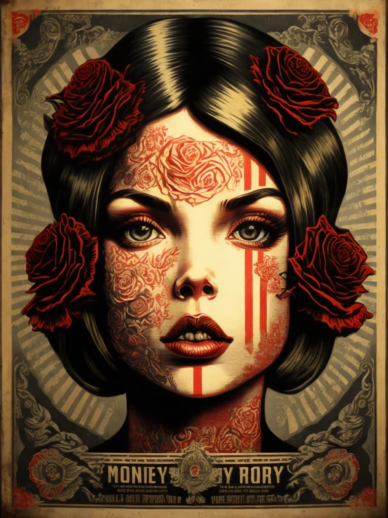 a propaganda poster of money with roses by Shepard Fairey