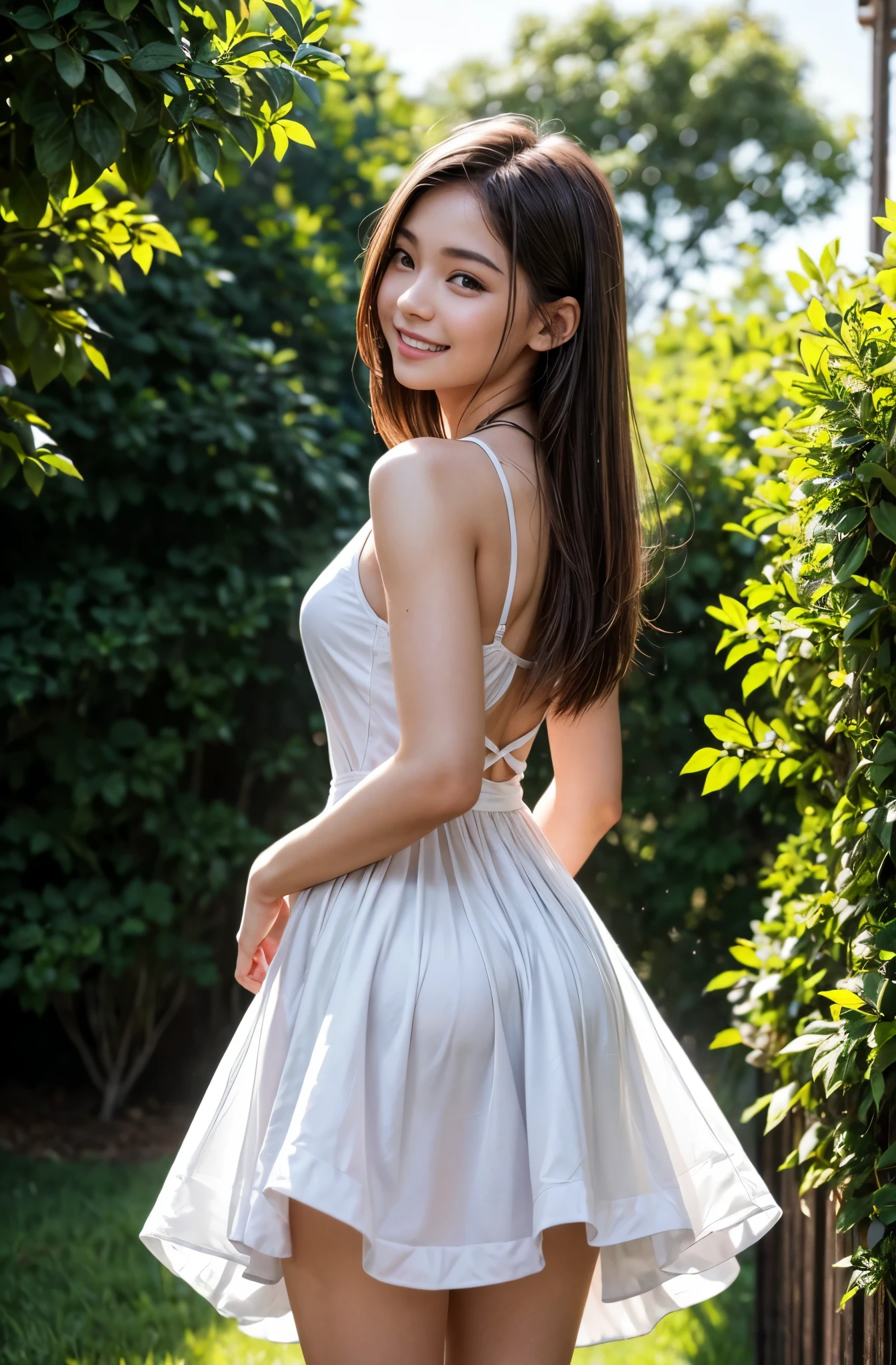 (Even in a dress, the backlight makes your body silhouette stand out.),background outdoors,Raw photo,Best Quality, master piece,high resolution,detailed,(Photorealsitic:1.4),Well-defined contours,beautiful young woman,Beautiful perfect face,(gently smiling:1.2),perfect bodies,perfect arms,Perfect fingers,perfect leg,perfect hair,pores,Realistic skin texture,full body Shot,from below view