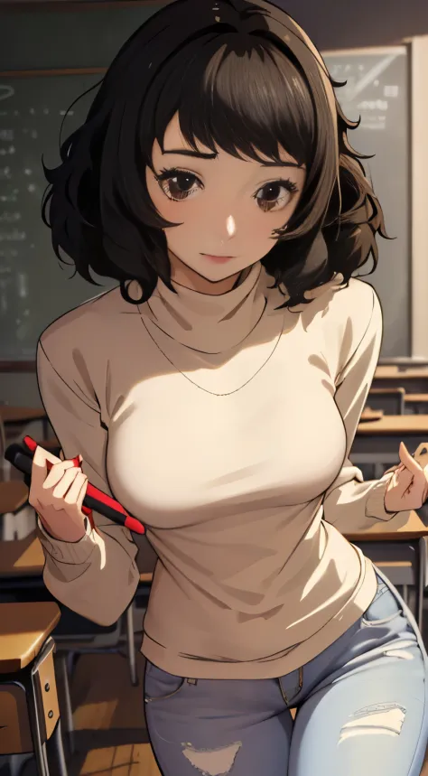 (((masterpiece)))  sadayo kawakami, lazy face, teaching, in a bright classroom, oversized sweater and long jeans