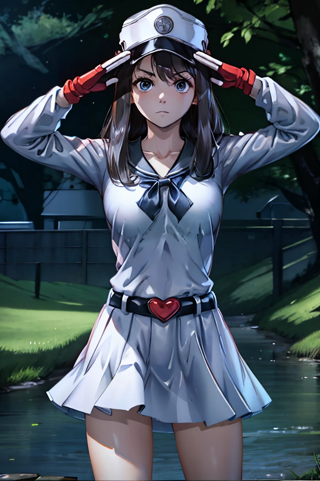 Masterpiece, Best Quality, Highly detailed, illustration, absurdres, white military uniform, white uniform, hat, gloves, (ultra-detailed, high-resolution:1.2),(highly detailed:1.3),  facing, white skirt, standing,  girls, multiple girls, expressionless, blank eyes, looking at viewer, red gloves, emotionless, corrution, mind control, female combatant, full body, hypnotized, unhappy trance, perfect female body, extremely glossy latex, belt, hypnosis, hypnoLora, empty eyes, Mind control device, thigh high, poses, submissive_pose, rubber bodysuit, nazi saluting, military, military saluting, salute, black hair, blue eyes, blue reflection, Kasuga Shiho, Long hair, Bleach, Quincy, hat