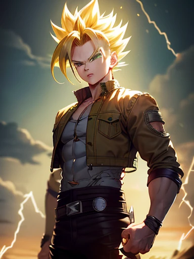 Highly detailed, (masterpiece), best quality, expressive eyes, perfect face, 1man, Spiked hair, long hair, Super_Saiyan_Trunks Green hair, green eyes, Bulky Body Builder Masculine body, Green leather Jacket & Jeans, Holding a Gigantic Battle Axe Spear Hammer, combat boots, full body, back view