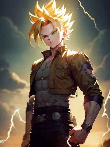 Highly detailed, (masterpiece), best quality, expressive eyes, perfect face, 1man, Spiked hair, long hair, Super_Saiyan_Trunks G...