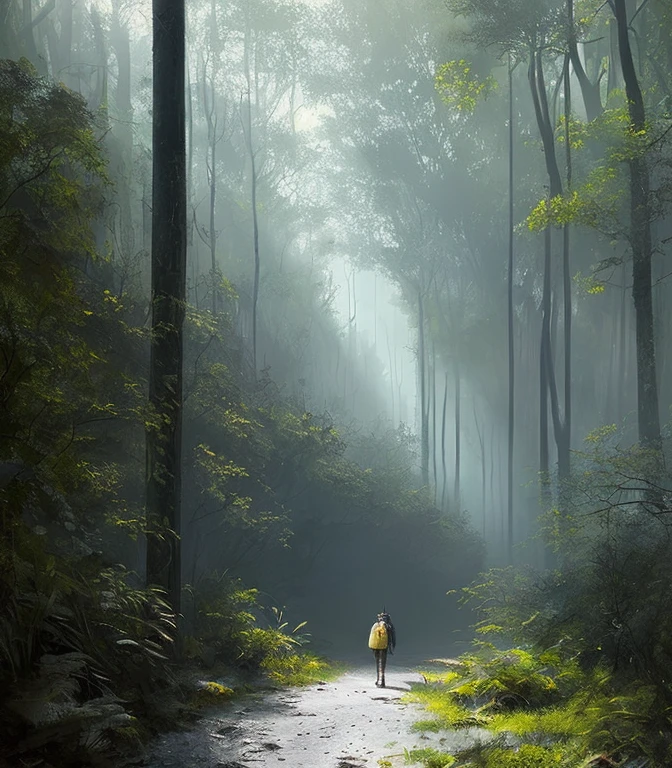 (masterpiece) RAW highly detailed, a man with a post-apocalyptic dog with a backpack is walking down a clear alley in a leafy and long forest, at the end of the way a strong white light shaped ball, hassanfantasy style, by Jeremy Mann and Donato Giancola ultra realistic highly detailed intricate photorealistic