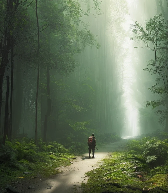 (masterpiece) RAW highly detailed, a man with a post-apocalyptic dog with a backpack is walking down a clear alley in a leafy and long forest, at the end of the way a strong white light shaped ball, hassanfantasy style, by Jeremy Mann and Donato Giancola ultra realistic highly detailed intricate photorealistic