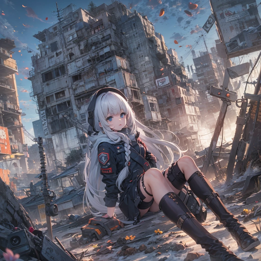 masterpiece, best quality, highres, 1girl, ((braids)), (blunt bangs), white hair, blue eyes, ultra detailed face, perfect proportion, military black jacket, hood, flower hairdress, pleated mini skirt, long thigh-high socks, military boots, apocalyptic world, ruined city, wilderness, high ground, dynamic angle and pose, wind, moody lights, sunset,