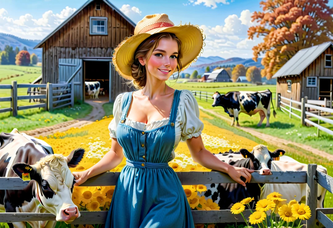 (((Farm life)))，bright flowers，Daisieields in full bloom，((1 beautiful girl in a straw hat milking cowarm house，fences，dairy cattle，celeiro，blue open sky，Country farm cabin，tranquil ambiance，fall season，cute big breasts