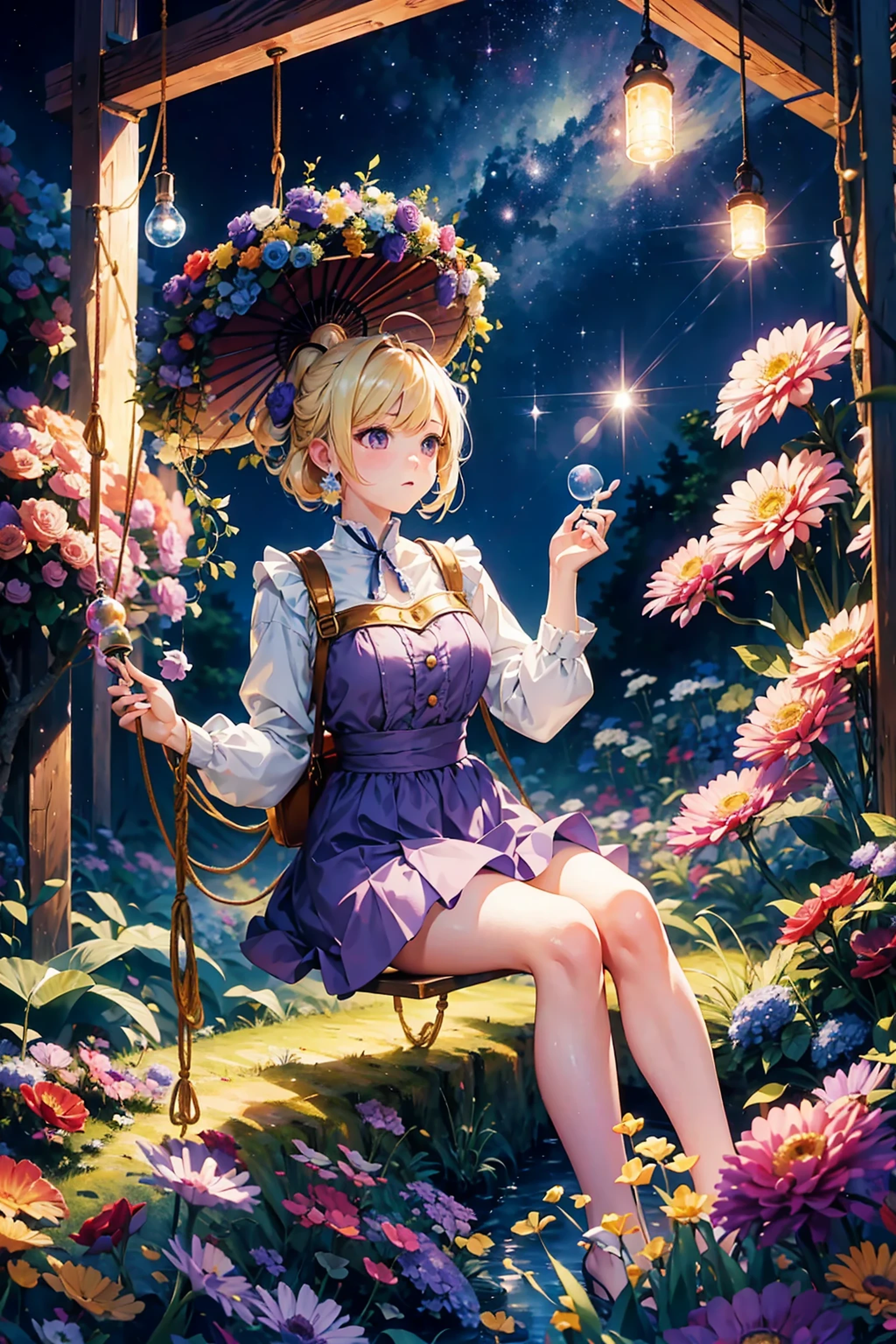(Bright blonde hair:1.1, Anime style, girl, Purple eyes:1.1, froth, Starry Night:1.1) [Illustration, Vivid colors, hight resolution], (Ultra-detailed, photoRealistic, Realistic:1.37), (Best Quality, 4K, masutepiece:1.2), Joyful expression, Elegant costumes, Surrounded by colorful flowers, sitting on a swing in a green garden, Magical atmosphere, gentle wind, soft warm lighting, dreamy ambiance.