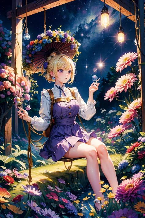 (Bright blonde hair:1.1, Anime style, girl, Purple eyes:1.1, froth, Starry Night:1.1) [Illustration, Vivid colors, hight resolut...