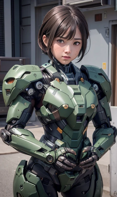 Textured skin, Super Detail, high details, High quality, Best Quality, hight resolution, 1080p, hard disk, Beautiful,(War Machine),beautiful cyborg woman,Dark Green Mecha Cyborg Girl,Battle Mode,Girl with a Mecha Body,She wears a futuristic war machine weapon mech、Very Shorthair、sweaty brown eyes、Sweaty face、Facial expressions　Open your mouth　Moist eyes　Elementary school girls　cute little