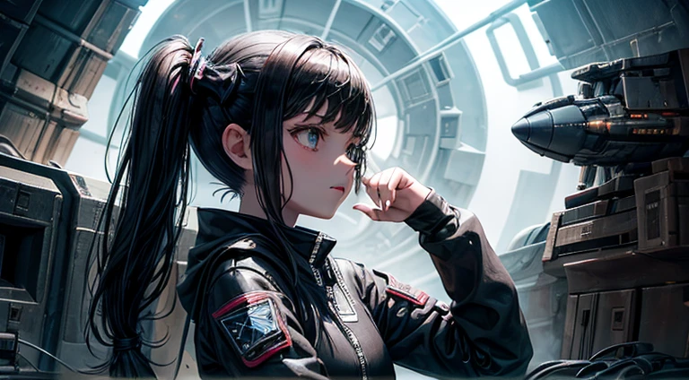 a teenager girl in black pigtails, spaceship, space ship, futuristic