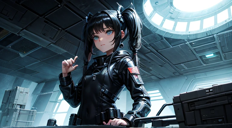 a teenager girl in black pigtails, spaceship, space ship, futuristic