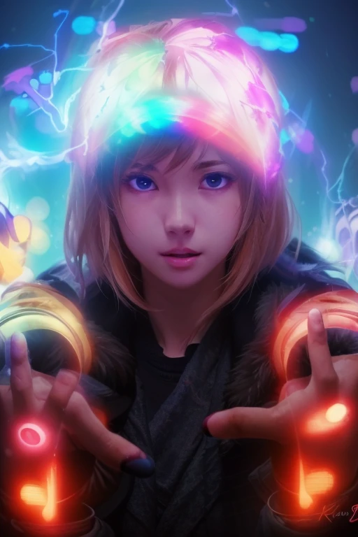 Image fantaisiste d'une fille avec une lumière bleue dans ses mains, Ross Tran 8K, renforcer l&#39;aura, Style anime mélangé avec Fujifilm, portrait de Max Caulfield, Connecté avec tubes incandescents 8 K, wojtek fus, portrait complet d&#39;électromancien, Junji c&#39;est 4k, éclairs et couleurs cinématographiques, éclairage animé,  avec des pouvoirs magiques