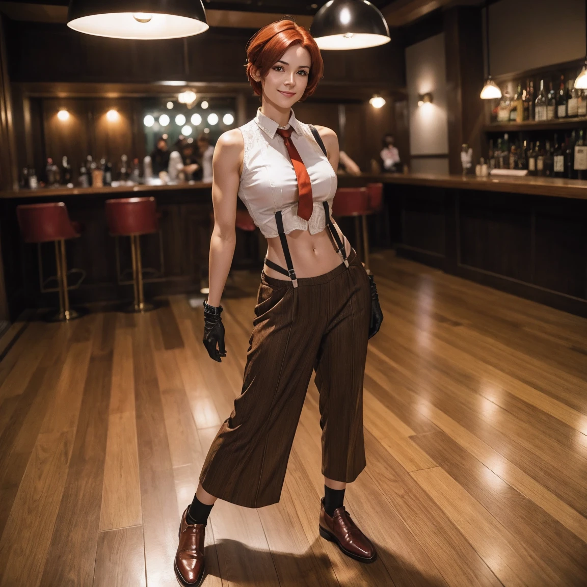 1girl, 30 years old, height 182 cm, weight 67 kg
  well-lit bar background, cinematic light, 8k, hyper detailed, smile, caucasian skin, white sleeveless crop top, full body, black gloves, hand on hip, fit belly, navel, red tie, parted red hair on the left side, short hair, alone, suspenders, brown dress pants, brown men's shoes