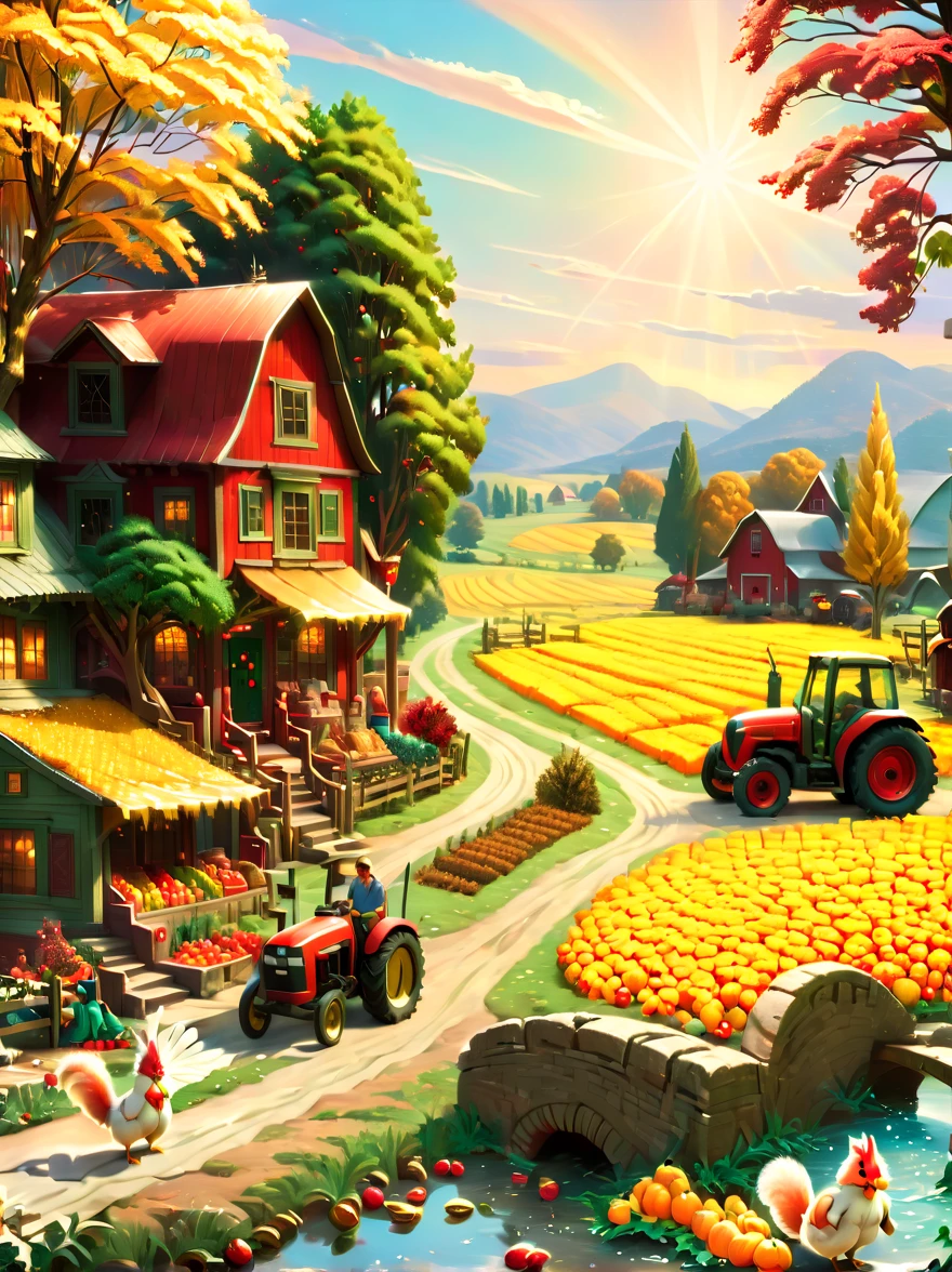 (tmasterpiece:1.2), (Faraway view:1.8), ultra - detailed, (actual, realistically:1.37), vivd colour, magical ambiance, Whimsical, Comfortable，(Farm life: 1.8)，(Red roofs and surrounding golden wheat fields and colorful orchardarmers are harvesting with combine harvesters and scythes，and load the fruit onto the truck，，cavalos、taur、Animals such as chickens and ducks play in the farm，An oak tree laden with golden acorns，squirrels，autumnal，The wedding was held under the oak tree)。(((画面捕捉到了丰收的喜悦和和谐的Farm life)))，(Ghibli-style colors, first person perspective, hyper HD, tmasterpiece, Acura, Anatomically correct, ctextured skin, super detailing, high detal, high high quality, Award-Awarded, Best quality, 8K), hyper realisitc的, Psychedelic, Complicated details, Beautiful texture, Ethereal, like a dream, Soft glowing light, Charming Patterns, Fantasy Farm, Hidden surprises, fantastic farm scenery, hyper realisitc的 color palette, Mystic aura, hyper realisitc, Enchanting journey, psychedelic trip, vivid imagination, immersive experience, mysterious creature, otherworldly charm, glowing paths, Light up a magical Christmas, hyper realisitc的天空, Whimsical theme park, a magical encounter,Fascinating artwork