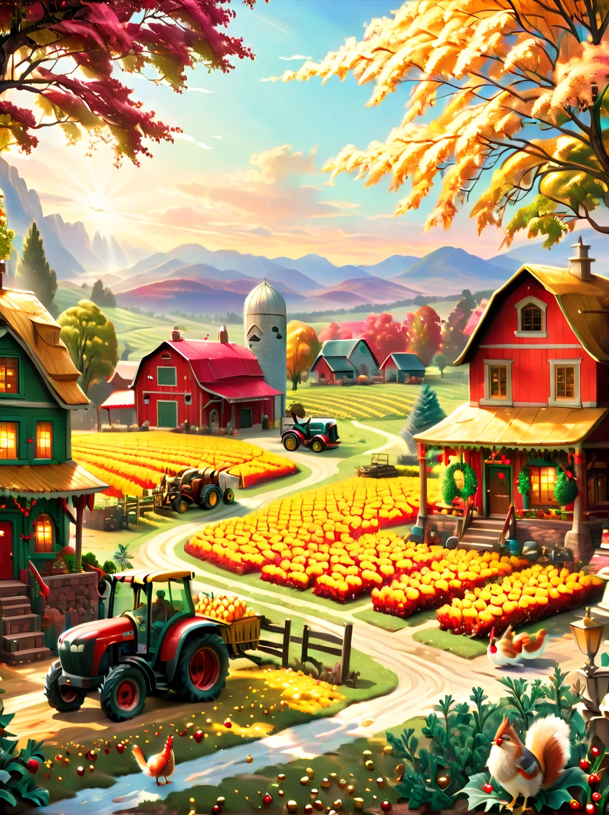 (tmasterpiece:1.2), (Faraway view:1.8), ultra - detailed, (actual, realistically:1.37), vivd colour, magical ambiance, Whimsical, Comfortable，(Farm life: 1.8)，(Red roofs and surrounding golden wheat fields and colorful orchardarmers are harvesting with combine harvesters and scythes，and load the fruit onto the truck，，cavalos、taur、Animals such as chickens and ducks play in the farm，An oak tree laden with golden acorns，squirrels，autumnal，The wedding was held under the oak tree)。(((画面捕捉到了丰收的喜悦和和谐的Farm life)))，(Ghibli-style colors, first person perspective, hyper HD, tmasterpiece, Acura, Anatomically correct, ctextured skin, super detailing, high detal, high high quality, Award-Awarded, Best quality, 8K), hyper realisitc的, Psychedelic, Complicated details, Beautiful texture, Ethereal, like a dream, Soft glowing light, Charming Patterns, Fantasy Farm, Hidden surprises, fantastic farm scenery, hyper realisitc的 color palette, Mystic aura, hyper realisitc, Enchanting journey, psychedelic trip, vivid imagination, immersive experience, mysterious creature, otherworldly charm, glowing paths, Light up a magical Christmas, hyper realisitc的天空, Whimsical theme park, a magical encounter,Fascinating artwork