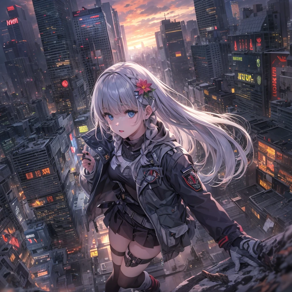 masterpiece, best quality, highres, 1girl, ((braids)), (blunt bangs), white hair, blue eyes, ultra detailed face, perfect proportion, military black jacket, hood, flower hairdress, pleated mini skirt, long thigh-high socks, military boots, apocalyptic world, ruined city, wilderness, high ground, dynamic angle and pose, wind, moody lights, sunset,