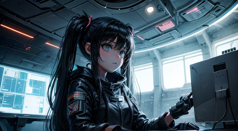 a teenager girl in black pigtails, spaceship, space ship, futuristic