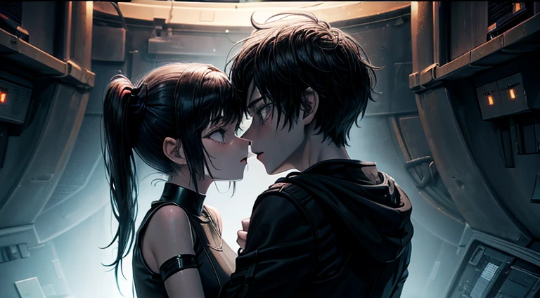 a teenager girl in black pigtails kissing an emo teenager male guy, spaceship, space ship, futuristic