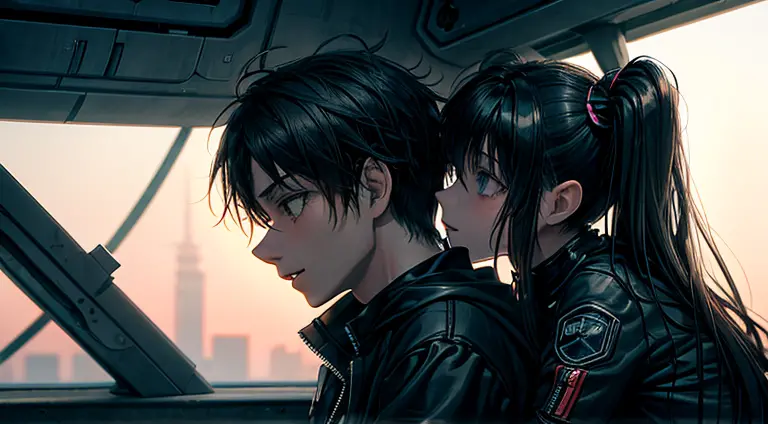 a teenager girl in black pigtails kissing an emo teenager male guy, spaceship, space ship, futuristic