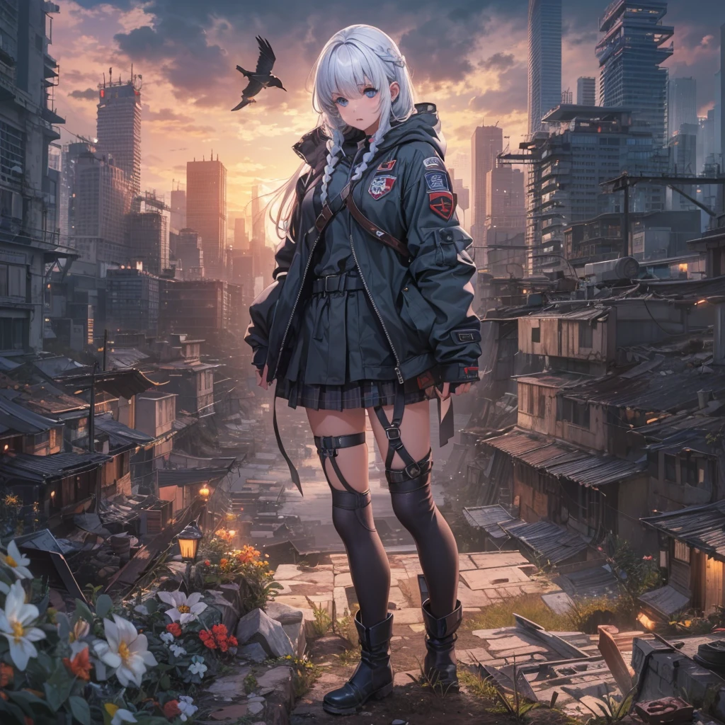 masterpiece, best quality, highres, 1girl, ((braids)), (blunt bangs), white hair, blue eyes, ultra detailed face, perfect proportion, military black jacket, hood, flower hairdress, pleated mini skirt, long thigh-high socks, military boots, apocalyptic world, ruined city, wilderness, high ground, dynamic angle and pose, wind, moody lights, sunset,