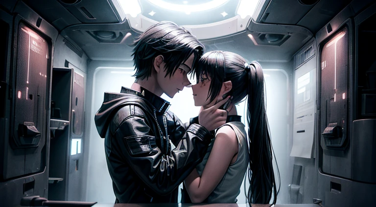 a teenager girl in black pigtails kissing an emo teenager male guy, spaceship, space ship, futuristic