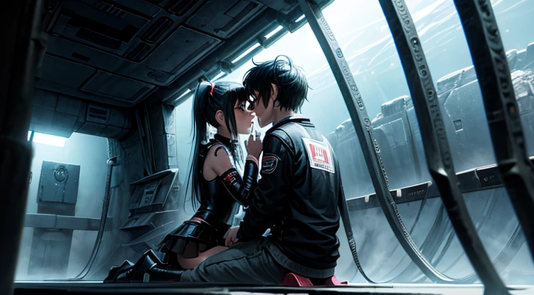 a teenager girl in black pigtails kissing an emo teenager male guy, spaceship, space ship, futuristic