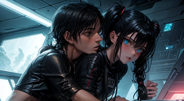 a teenager girl in black pigtails kissing an emo teenager male guy, spaceship, space ship, futuristic