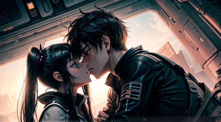 a teenager girl in black pigtails kissing an emo teenager male guy, spaceship, space ship, futuristic