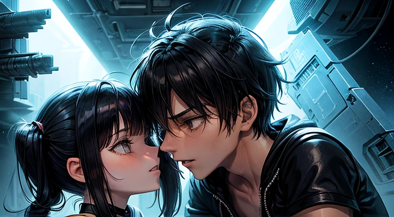 a teenager girl in black pigtails kissing an emo teenager male guy, spaceship, space ship, futuristic